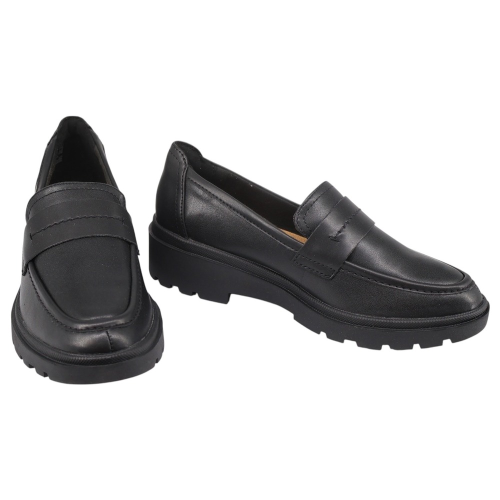 Clarks Collection Calla Ease Black Leather Lug Sole Penny Loafer Wide Width 6.5W